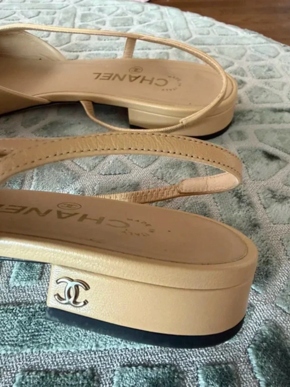 CHANEL Beige Leather Slingback Flats with Black Cap Toe